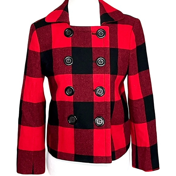J. Crew Buffalo Red And Black Bold Plaid Wool Double Breasted Pea Coat Size 2 - Picture 2 of 11